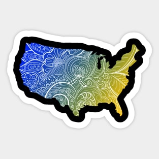 Colorful mandala art map of the United States of America in blue and yellow Sticker